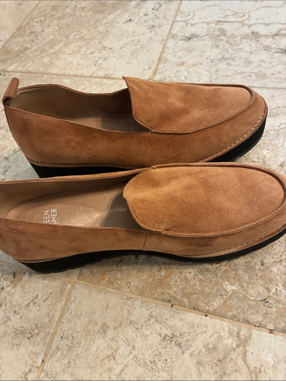 Eileen Fisher Ells Suede Platform Loafer in Camel Chunky Black Sole Shoes SZ 9 - Picture 3 of 11